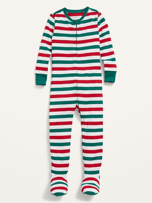 Image number 2 showing, Unisex Matching Striped Snug-Fit Footed One-Piece Pajamas for Toddler & Baby