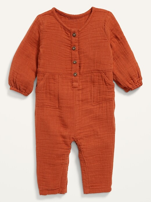 View large product image 1 of 1. Long-Sleeve Solid Utility Romper for Baby