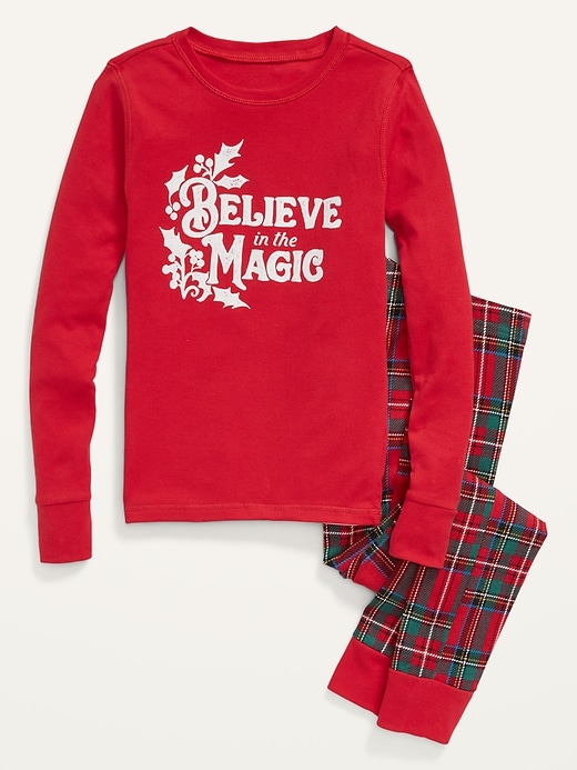 View large product image 2 of 3. Gender-Neutral Holiday Matching Graphic Snug-Fit Pajama Set For Kids