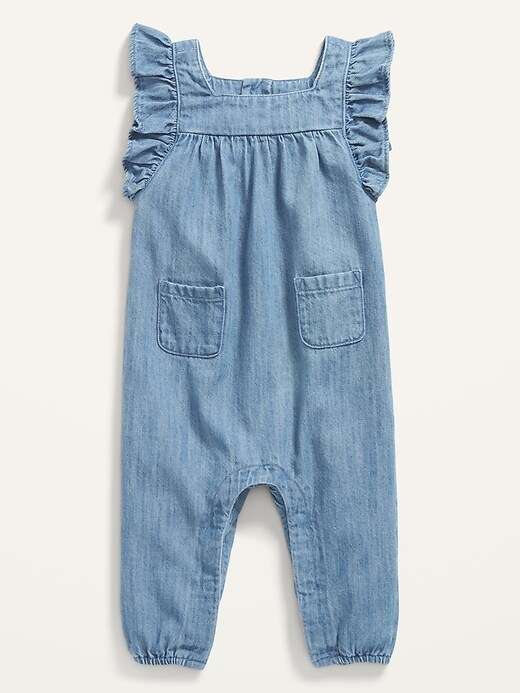 View large product image 1 of 2. Ruffle-Trim Chambray One-Piece for Baby