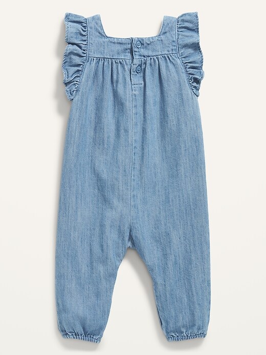 View large product image 2 of 2. Ruffle-Trim Chambray One-Piece for Baby