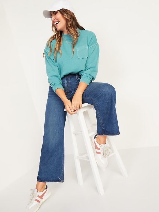 Image number 3 showing, Extra High-Waisted Medium-Wash Cropped Wide-Leg Jeans for Women