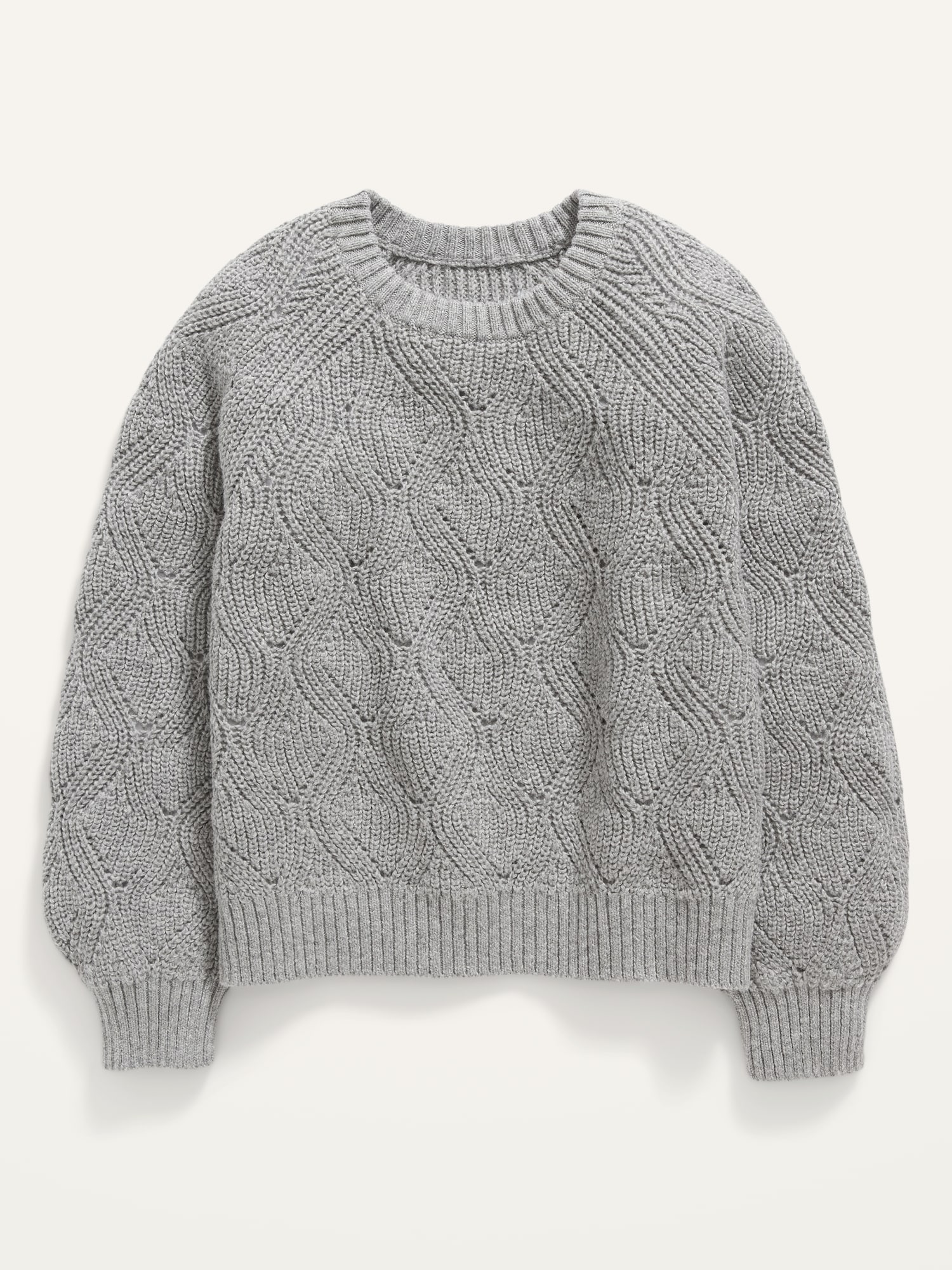 Cable-Knit Blouson-Sleeve Pullover Sweater for Girls