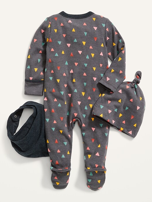 View large product image 2 of 2. Unisex 3-Pack Footed One-Piece, Beanie and Bib Layette Set for Baby