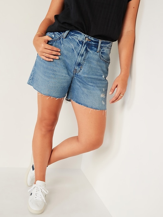 Image number 1 showing, High-Waisted Slouchy Straight Ripped Cut-Off Jean Shorts for Women -- 5-inch inseam