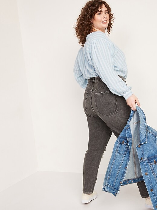 Image number 8 showing, Higher High-Waisted Button-Fly O.G. Straight Ripped Gray Non-Stretch Jeans for Women