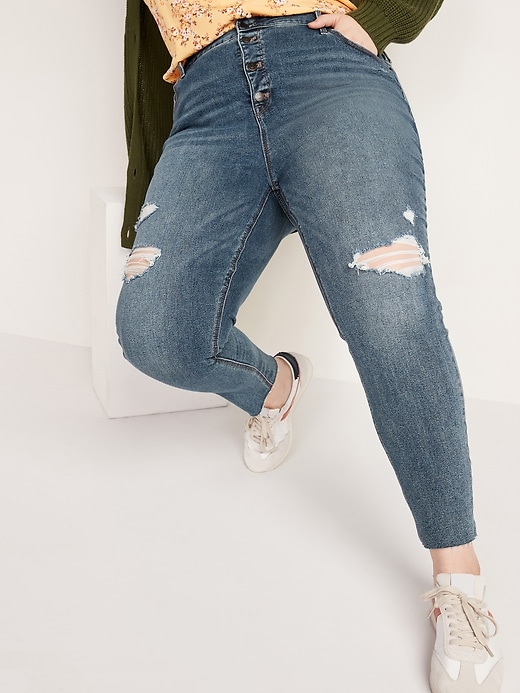 Image number 6 showing, High-Waisted Button-Fly Distressed Rockstar Super Skinny Ankle Jeans for Women