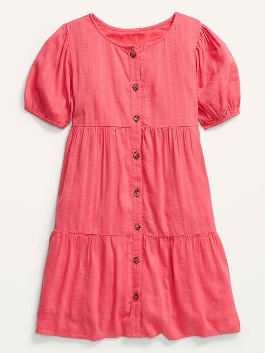 View large product image 1 of 1. Button-Front Tiered Textured-Dobby Swing Dress for Girls