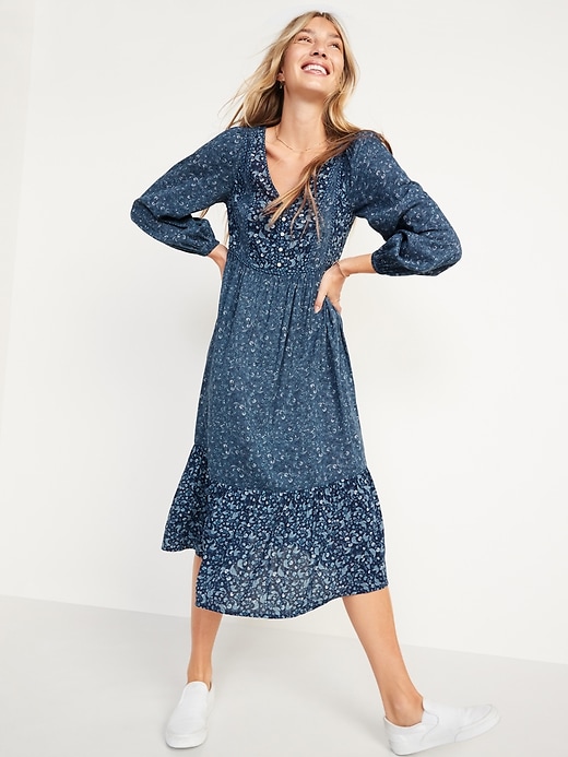 Image number 5 showing, Long-Sleeve Fit & Flare Tiered Midi Dress for Women