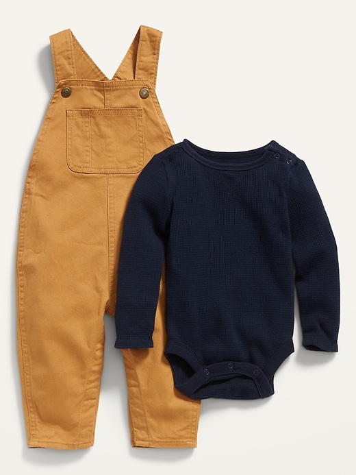 View large product image 1 of 1. Unisex Long-Sleeve Thermal Bodysuit and Twill Overalls Set for Baby