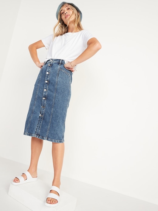 Image number 3 showing, High-Waisted Button-Front Medium Acid-Wash Jean Midi Skirt for Women