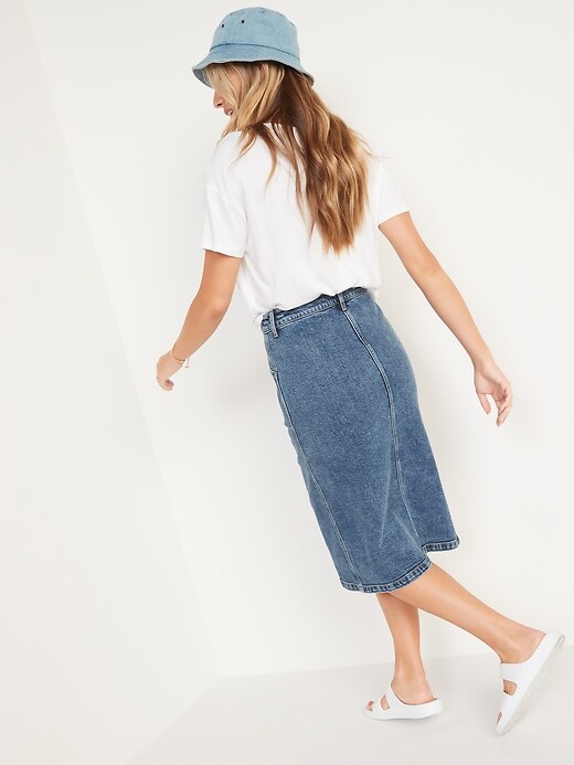 Image number 6 showing, High-Waisted Button-Front Medium Acid-Wash Jean Midi Skirt for Women