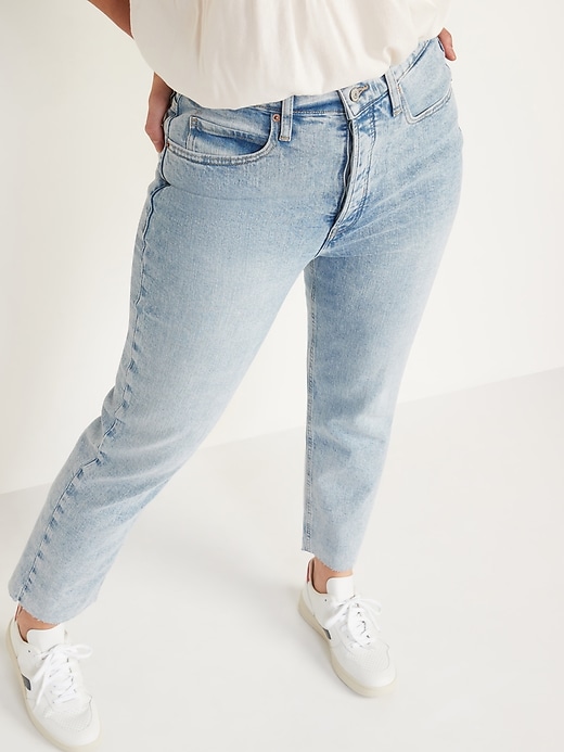 Old Navy Extra High-Waisted Button-Fly Sky-Hi Straight Raw-Hem Jeans for Women. 1