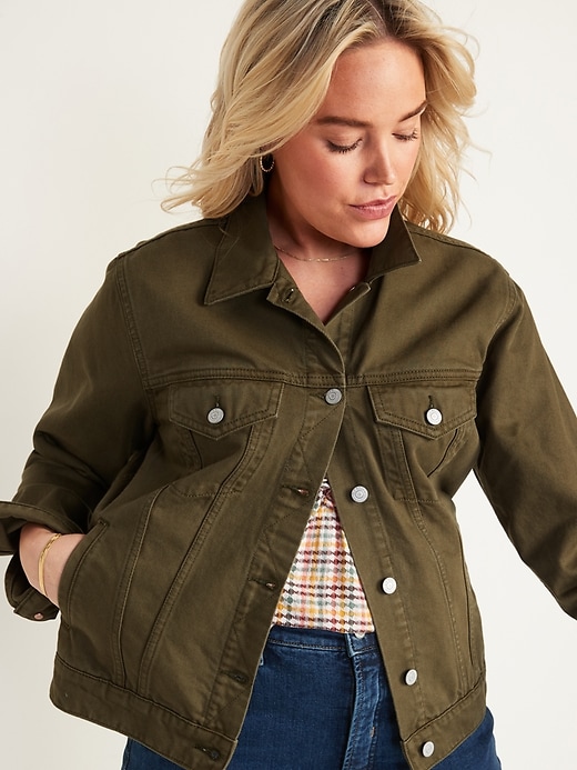 Image number 1 showing, Olive Green Non-Stretch Jean Jacket for Women
