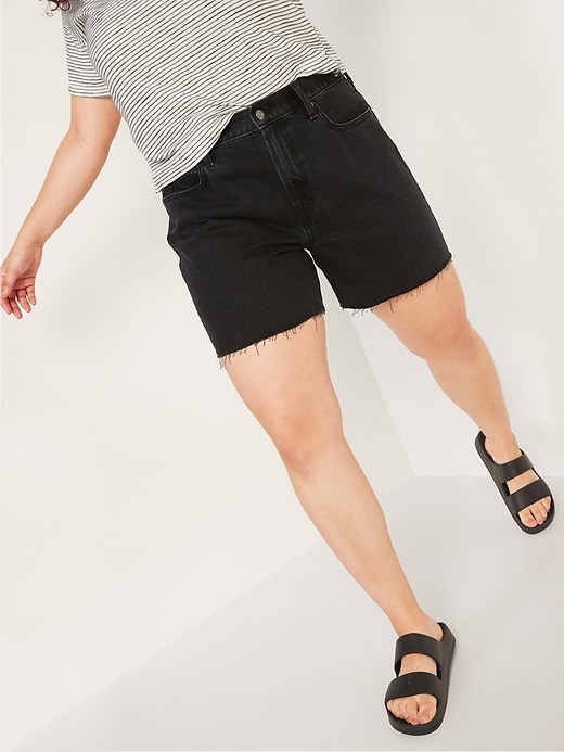 Image number 1 showing, High-Waisted Slouchy Cut-Off Black Jean Shorts for Women -- 5-inch inseam