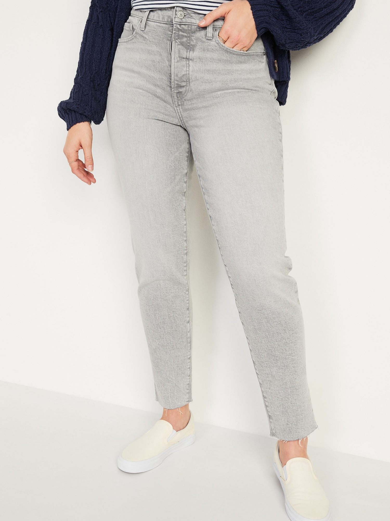 High-Waisted O.G. Straight Button-Fly Gray Cut-Off Jeans for Women