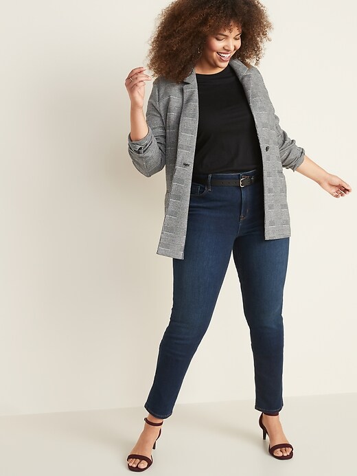 Image number 3 showing, Mid-Rise Dark-Wash Power Slim Straight Jeans for Women