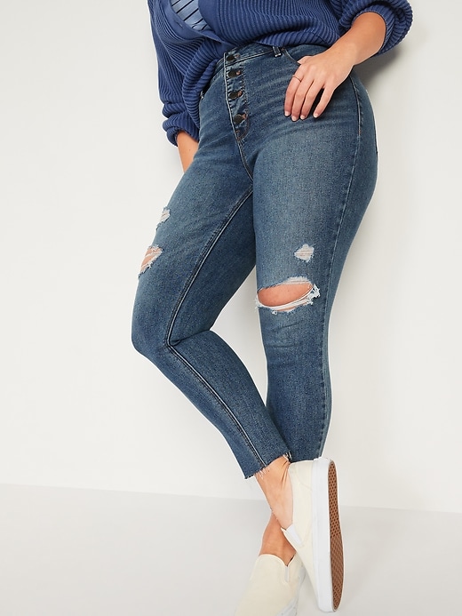 Image number 1 showing, High-Waisted Button-Fly Distressed Rockstar Super Skinny Ankle Jeans for Women