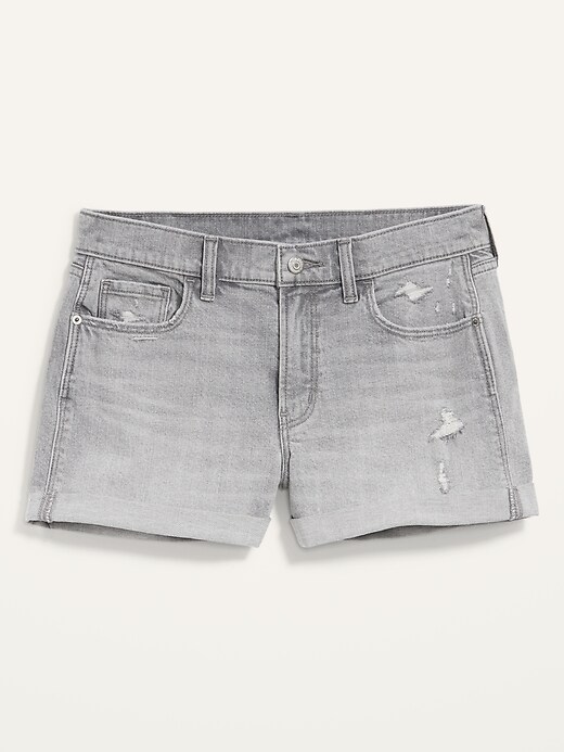 Image number 4 showing, Mid-Rise Boyfriend Distressed Gray Jean Shorts for Women -- 3-inch inseam