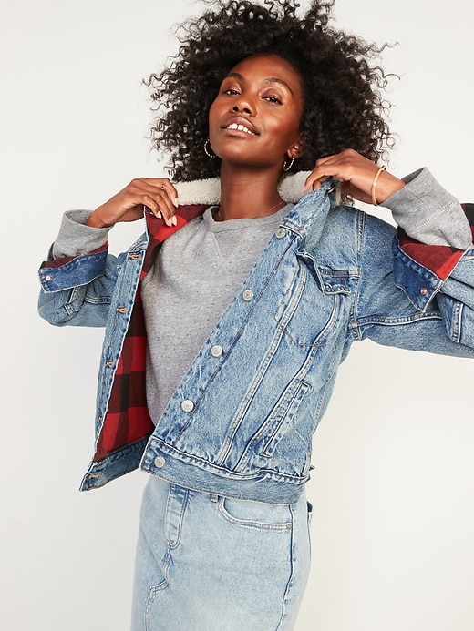Image number 1 showing, Flannel-Lined Sherpa-Trim Jean Jacket for Women