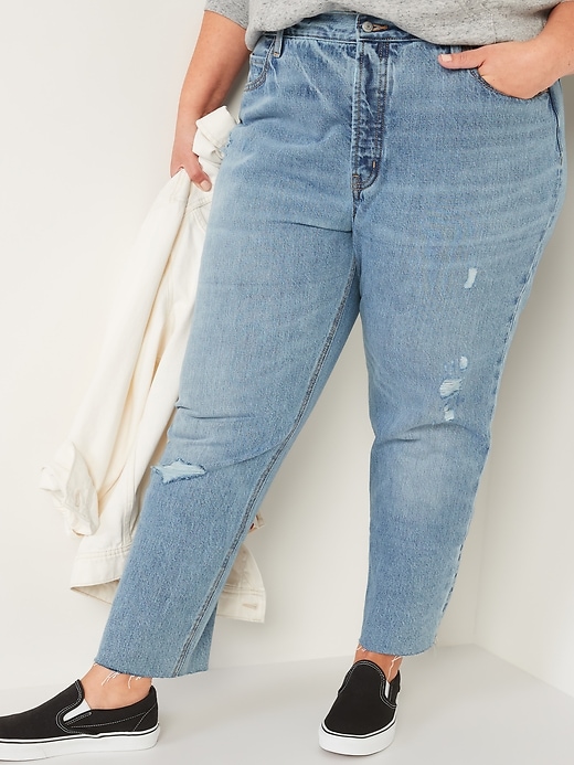 Image number 7 showing, High-Waisted Button-Fly Slouchy Straight Distressed Cropped Non-Stretch Jeans for Women