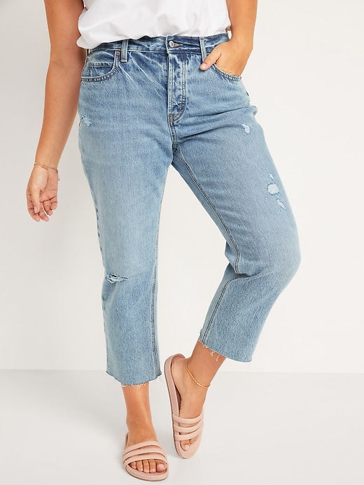 Old Navy - High-Waisted Button-Fly Slouchy Straight Distressed Cropped ...