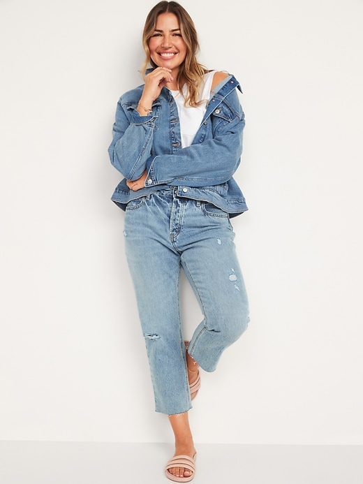 Image number 3 showing, High-Waisted Button-Fly Slouchy Straight Distressed Cropped Non-Stretch Jeans for Women