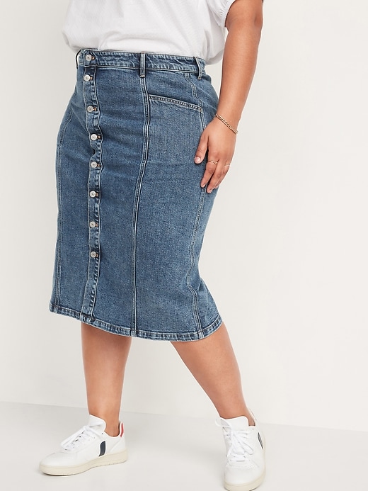 Image number 7 showing, High-Waisted Button-Front Medium Acid-Wash Jean Midi Skirt for Women