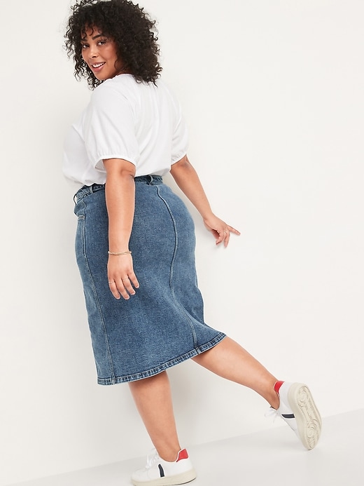 Image number 8 showing, High-Waisted Button-Front Medium Acid-Wash Jean Midi Skirt for Women