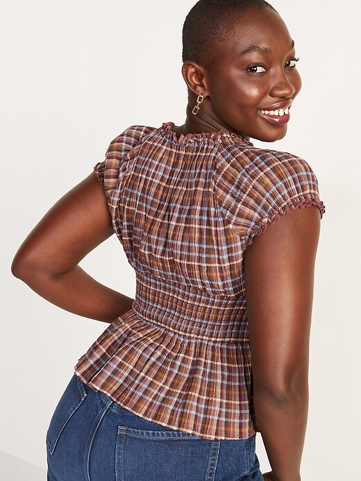 Image number 2 showing, Plaid Smocked-Waist Short-Sleeve Peplum Top for Women