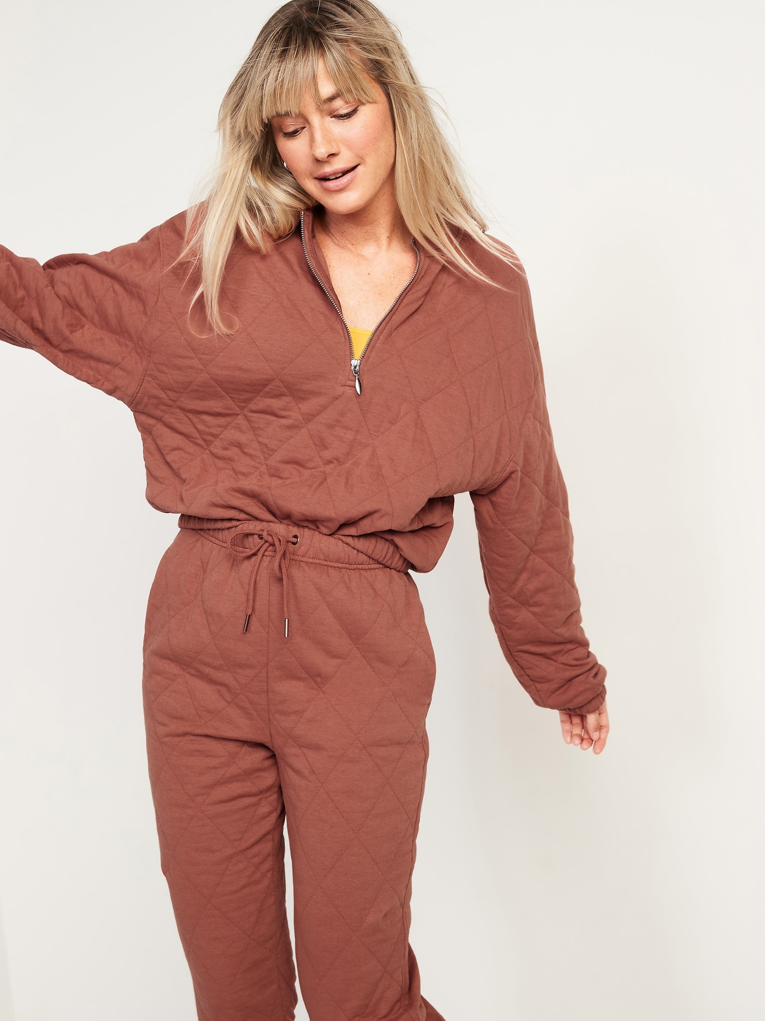 CrewNeck HalfZip Quilted Sweatshirt for Women Old Navy