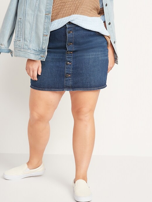 Image number 7 showing, High-Waisted Button-Front Mini Jean Skirt for Women