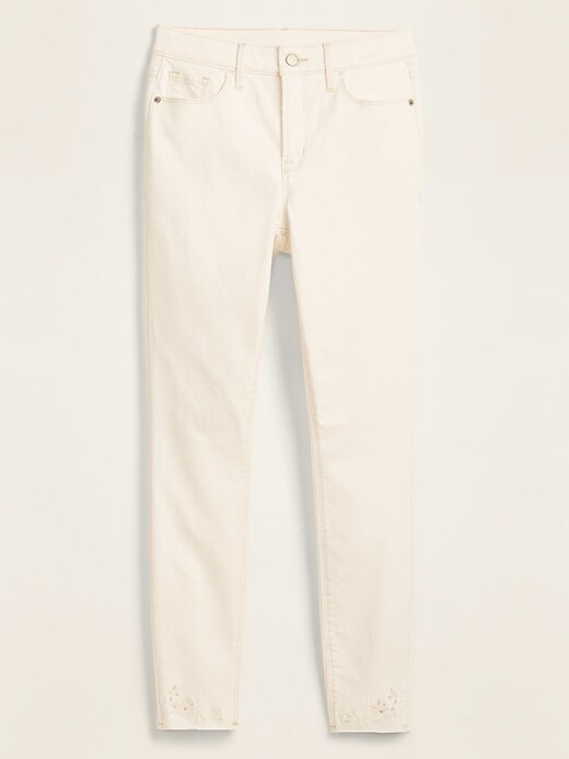 Image number 4 showing, High-Waisted Embroidered Cutwork Rockstar Super Skinny Off-White Ankle Jeans for Women