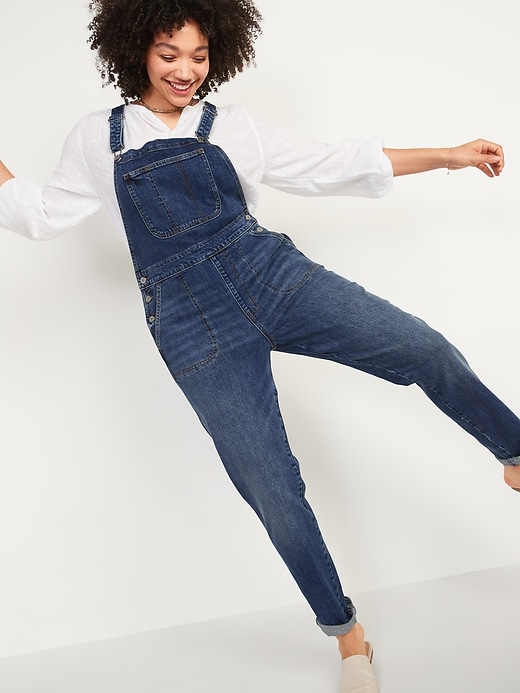 Image number 1 showing, O.G. Straight Dark-Wash Jean Overalls for Women