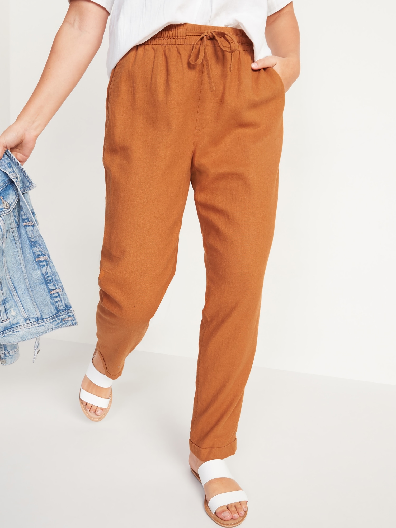 High-Waisted Linen-Blend Straight Cropped Pants for Women