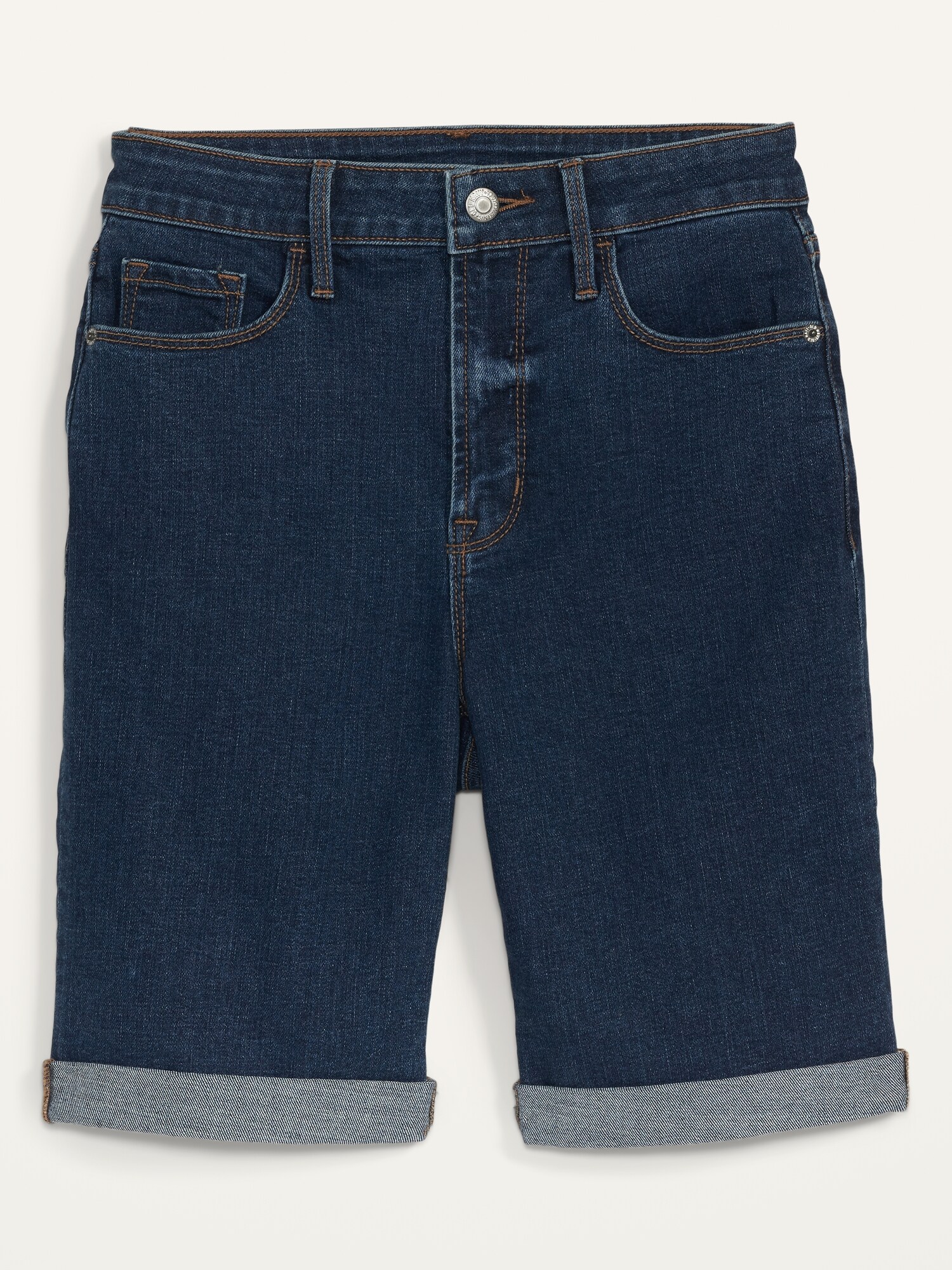 High-Waisted Dark-Wash Cuffed Bermuda Jean Shorts for Women -- 9-inch inseam