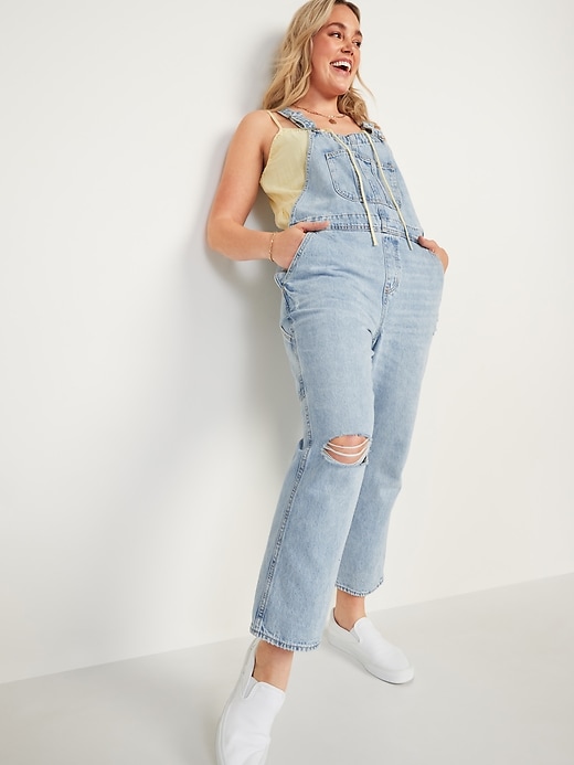 Image number 1 showing, Slouchy Straight Ripped Workwear Jean Overalls for Women