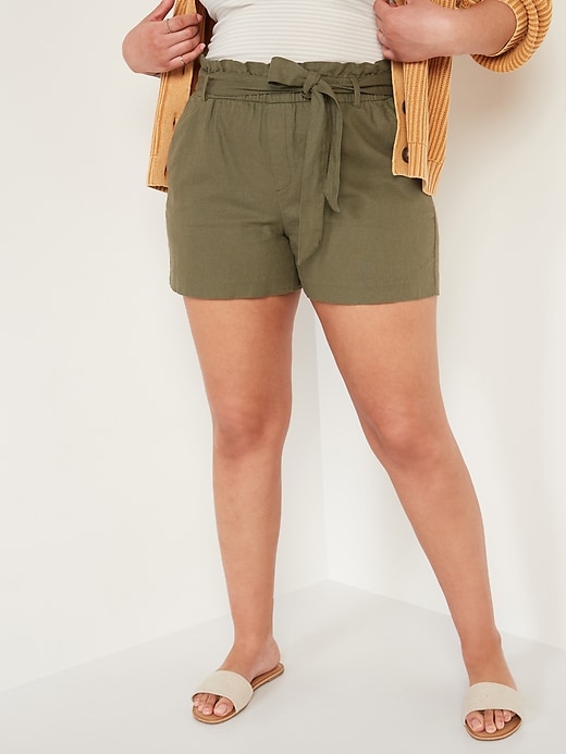 Image number 1 showing, High-Waisted Tie-Belt Linen-Blend Shorts for Women -- 4-inch inseam