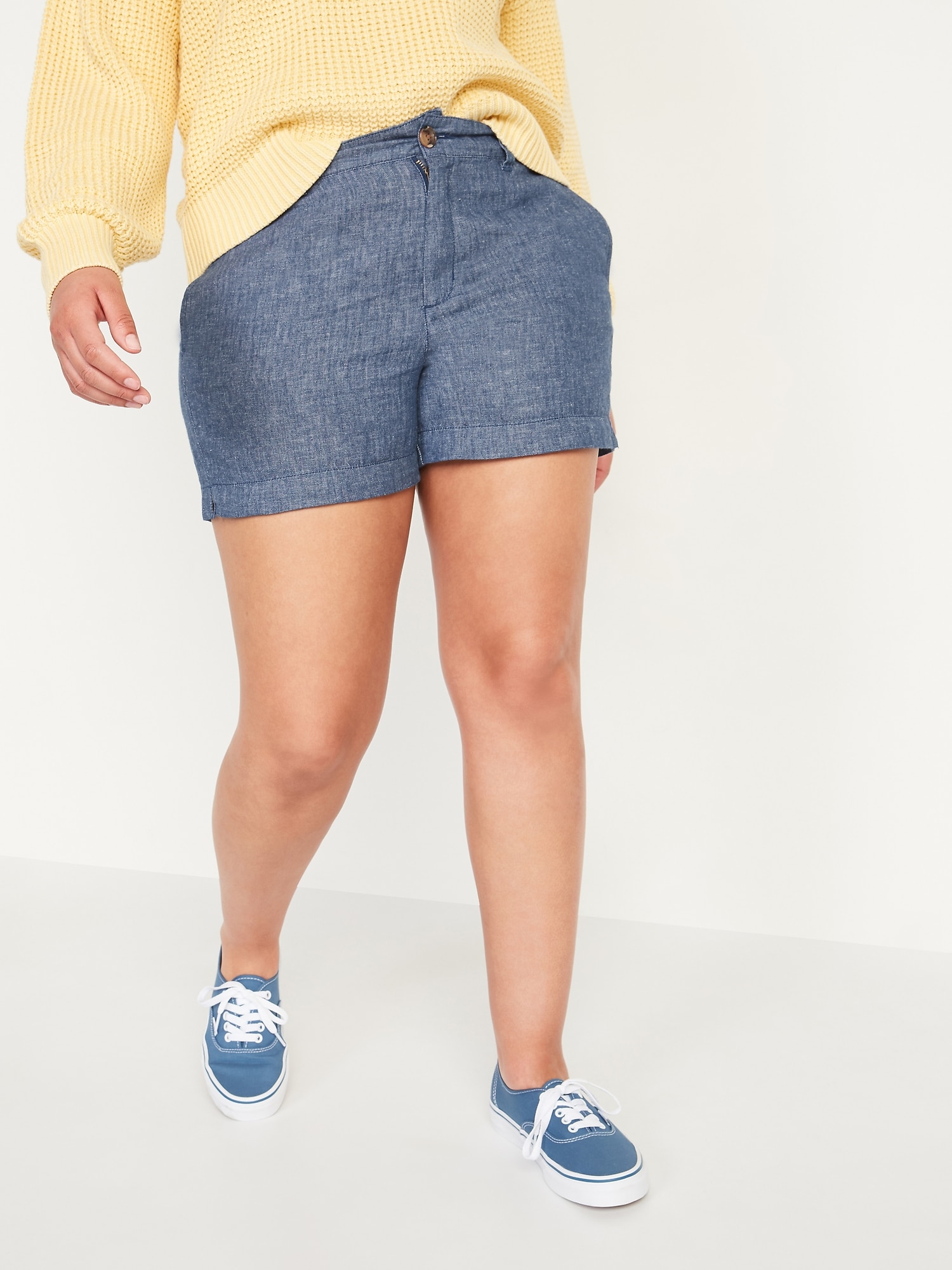 High-Waisted Chambray Linen-Blend Everyday Shorts for Women -- 3.5-inch inseam