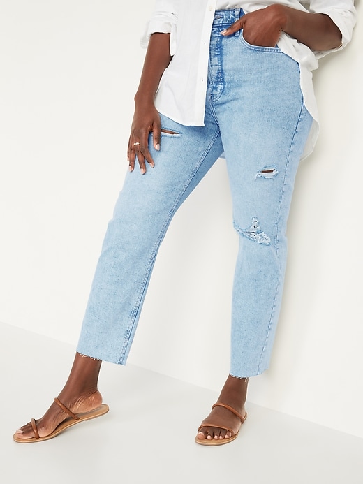 Oldnavy Extra High-Waisted Sky Hi Straight Button-Fly Ripped Jeans for Women
