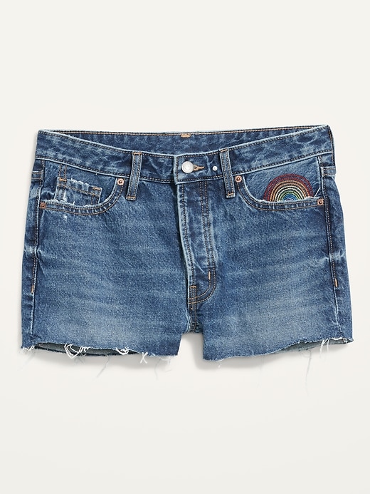 Image number 4 showing, High-Waisted O.G. Rainbow-Embroidered Button-Fly Cut-Off Jean Shorts for Women -- 1.5-inch inseam