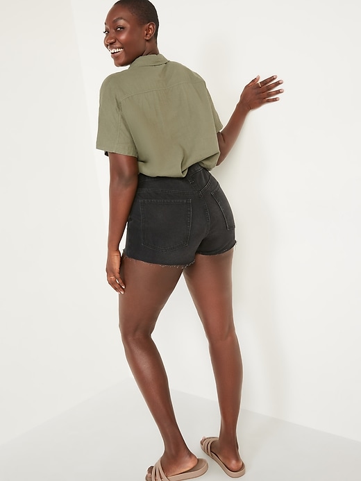 Image number 2 showing, High-Waisted Button-Fly O.G. Straight Black Cut-Off Jean Shorts -- 1.5-inch inseam