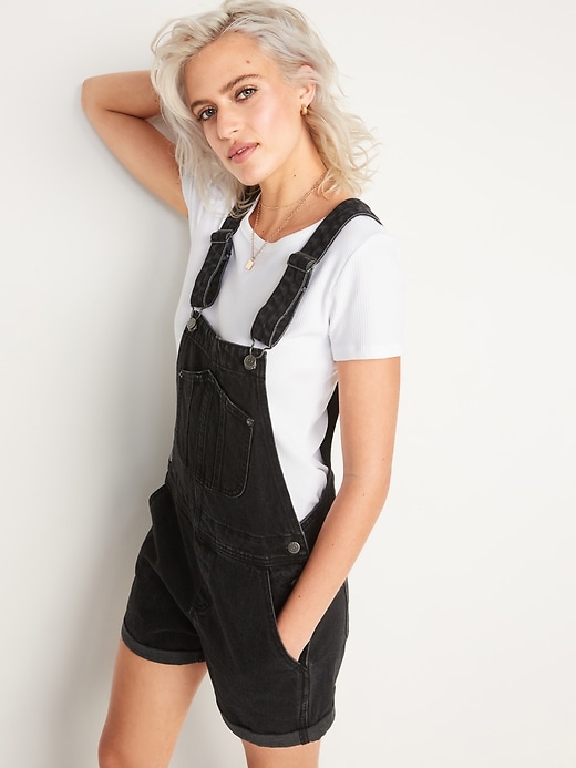 Image number 5 showing, Slouchy Workwear Black Jean Short Overalls for Women -- 3.5-inch inseam