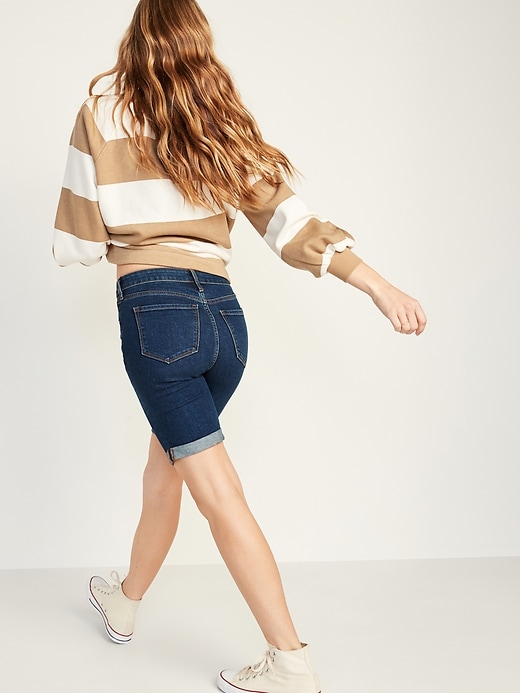 Image number 6 showing, High-Waisted Dark-Wash Cuffed Bermuda Jean Shorts for Women -- 9-inch inseam