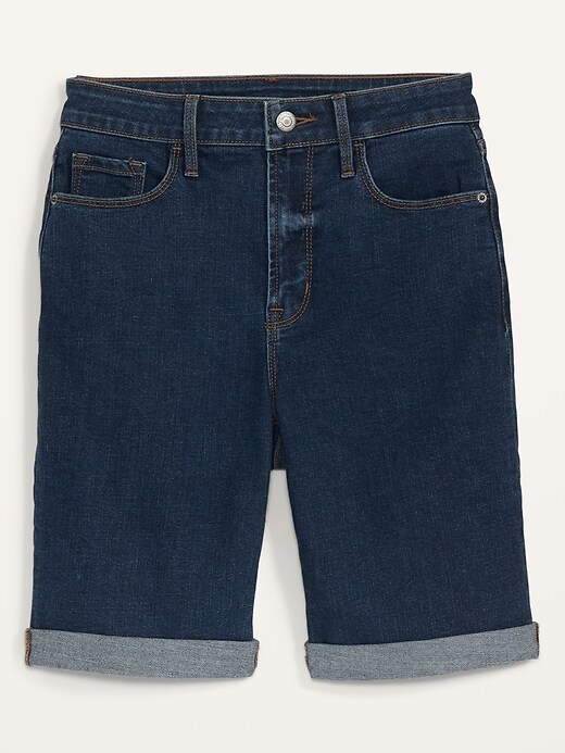 High-Waisted Dark-Wash Cuffed Bermuda Jean Shorts for Women -- 9-inch ...