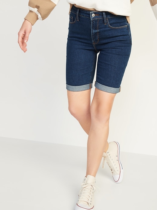 Image number 5 showing, High-Waisted Dark-Wash Cuffed Bermuda Jean Shorts -- 9-inch inseam