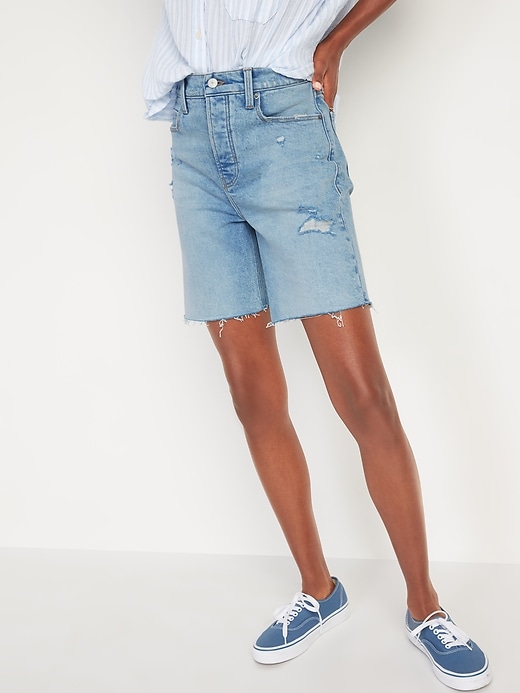 Image number 5 showing, Extra High-Waisted Sky Hi Straight Button-Fly Cut-Off Jean Shorts for Women -- 7-inch inseam