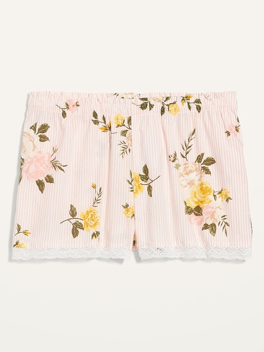 View large product image 1 of 3. Striped Floral-Print Lace-Trim Pajama Shorts