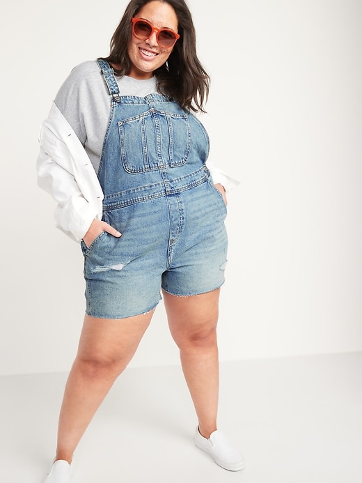 Image number 7 showing, Slouchy Workwear Ripped Cut-Off Jean Short Overalls for Women -- 3.5-inch inseam