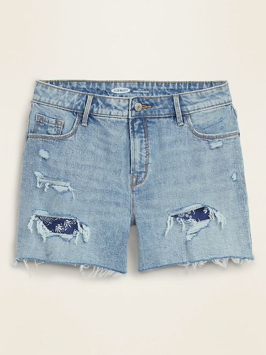 Image number 3 showing, High-Waisted Distressed Bandanna-Patch Cut-Off Jean Shorts for Women -- 2.5-inch inseam